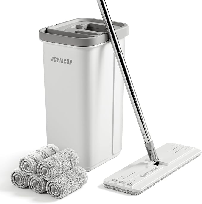 JOYMOOP Mop and Bucket with Wringer Set, Hands Free Flat Floor Mop and Bucket, with 5 Washable Microfiber Pads, Wet and Dry Use, Floor Cleaning System-Ruum Studio Home