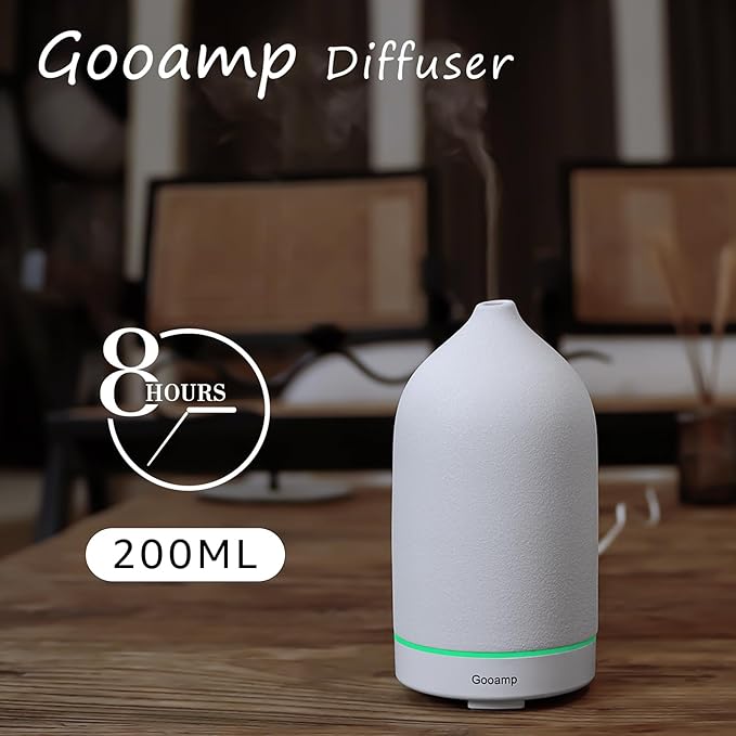 200ML Ceramic Essential Oil Diffuser - Ultrasonic Aromatherapy & Humidifier with 7-Color LED Lights, Auto Shut-Off, White, 1H/3H/6H Timer | Scent for Home,Office,Yoga-Ruum Studio Home