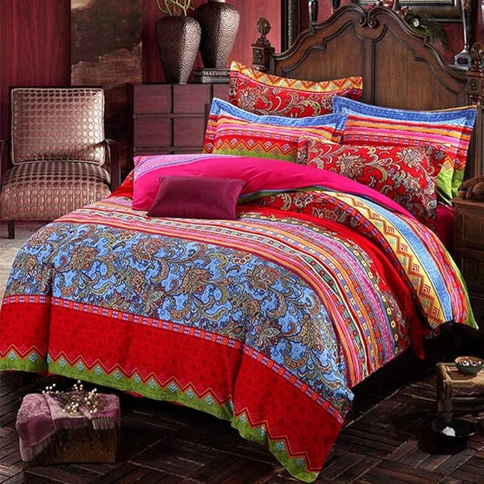ABREEZE Bohemian Duvet Cover Set Colorful Red Boho Retro Bedding Set Damask Paisley Cotton Duvet Cover Tribal Reversible Bedding Exotic Style Comforter Cover 3-Piece Full-Ruum Studio Home