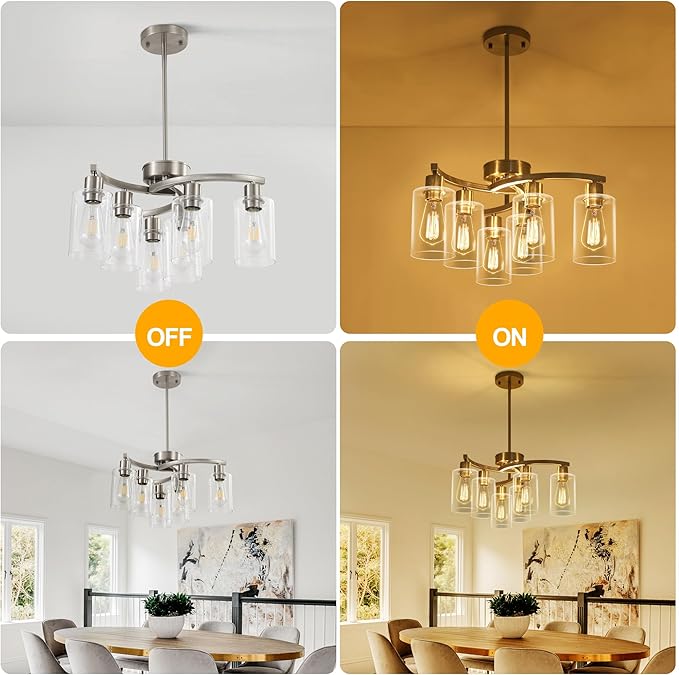 6-Light Brushed Nickel Chandeliers for Dining Room Light Fixtures Over Table, Adjustable Height Hanging Industrial Pendant Lighting for Kitchen Island Bedroom, Clear Glass Shade-Ruum Studio Home
