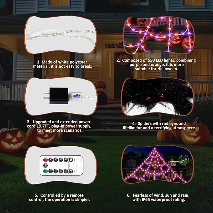 Halloween Spider Web Lights 550 LED Lighted Spider Web 16.4Ft Giant Halloween Decorations Light up with 8 Lighting Modes Waterproof & Timer for Indoor Outdoor House Haunted Yard Decor, Orange & Purple-Ruum Studio Home
