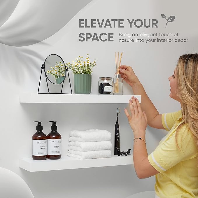 Homeforia White Floating Shelves 24 inch, High End Solid Real Wood 24inch Bathroom Floating Shelf for Wall Mounted, White Wooden 24in Floating Shelves, Heavy Duty Bracket, 24 X 6.5 X 1.75 in, Set of 3-Ruum Studio Home