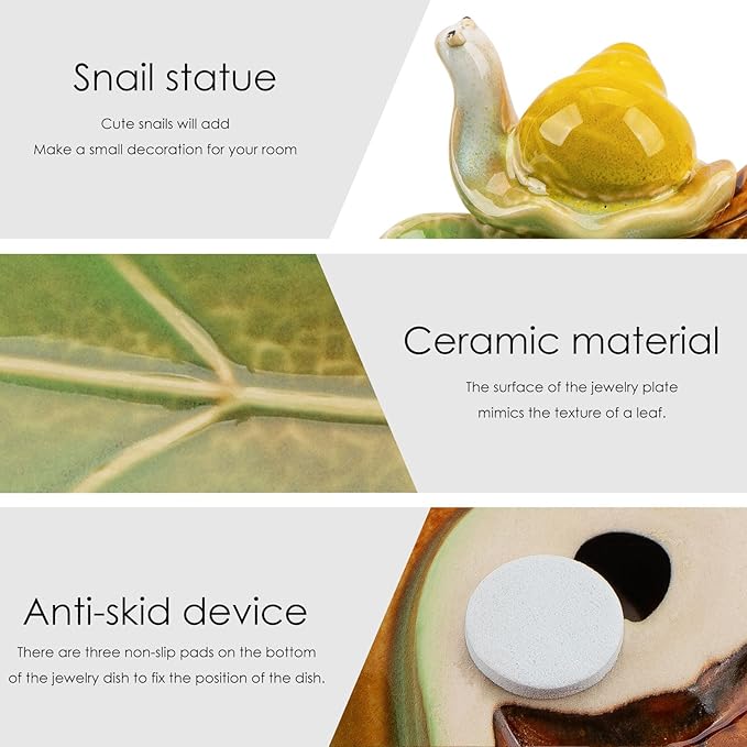 Jewelry Tray Snail Trinket Organizer Ceramic Leaf Tray Decorative Desk Storage Plate for Rings Earrings Necklaces Watch Coins Keys, Snail Soap Dish Holder, Key Bowl, Candy Dish (Green)-Ruum Studio Home