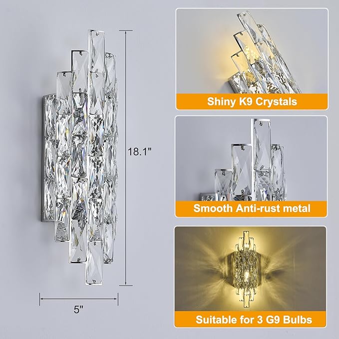 Modern Chrome Crystal Wall Sconce Light Fixtures, Wall Mount Lamps for Bedroom Living Room Bathroom Vanity Mirror-Ruum Studio Home