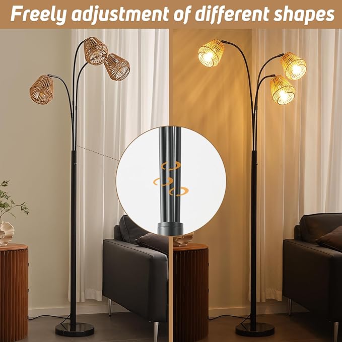 Rattan Floor Lamp for Living Room, 72 Inch Tall Boho Floor Lamp with Rotary Switch, 3 Light Arc lamp with Wicker Shade for Coastal,Bohemian,Rustic,Beach Tree,Farmhouse Standing Lamp-Ruum Studio Home