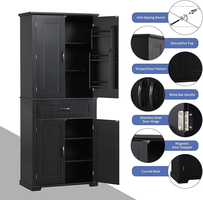 72.2" Tall Storage Cabinet with 4 Doors and Drawer, Freestanding Linen Cabinet, Wooden Pantry with Adjustable Shelf for Kitchen, Bathroom, Living Room Black-Ruum Studio Home
