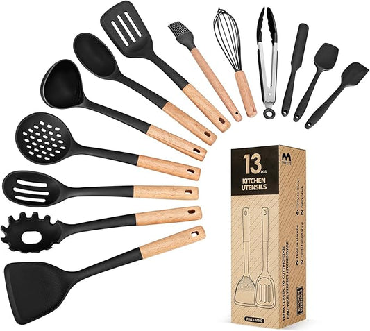 Kitchen Utensils Set, 13PCS Silicone Cooking Utensils, Heat Resistant Kitchen Utensil Spatula Set for Nonstick Cookware, Wooden Handles Kitchen Gadgets Tools Set-Ruum Studio Home