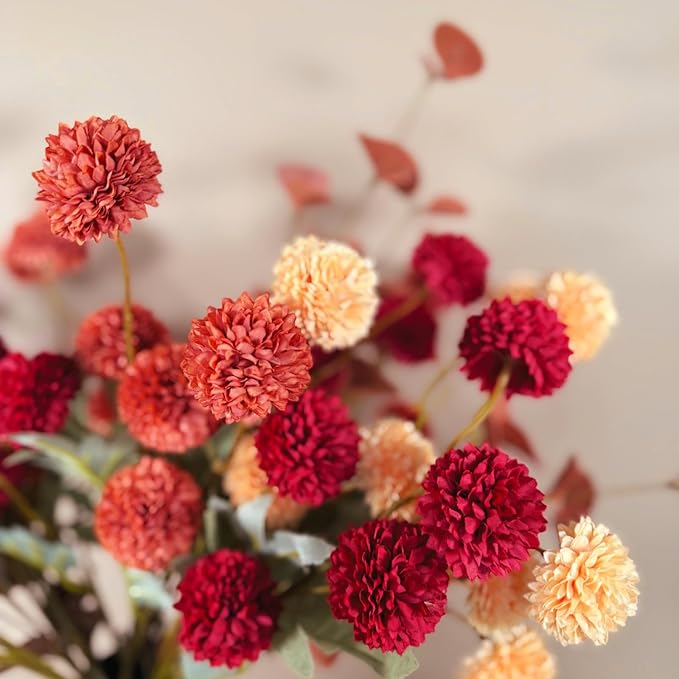 Fall Flowers, Burnt Orange Faux Kiku Flowers Artificial 10 Stems + Eucalyptus, Fake Silk Mums Fall Floral Centerpiece, Autumn Decor, Terracotta Mini Balls Faux Stems For Vase, Decoración de Otoño-Ruum Studio Home