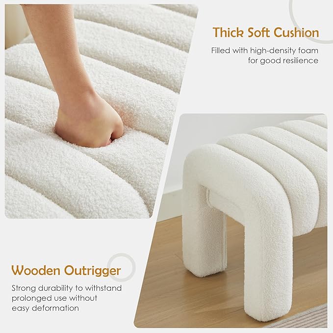 43.3" Bedroom Bench, Upholstered Entryway Bench, Modern End of Bed Ottoman with Solid Wood Legs and Adjustable Foot Pegs for Entryway, Dining Room and Living Room (White Teddy)-Ruum Studio Home