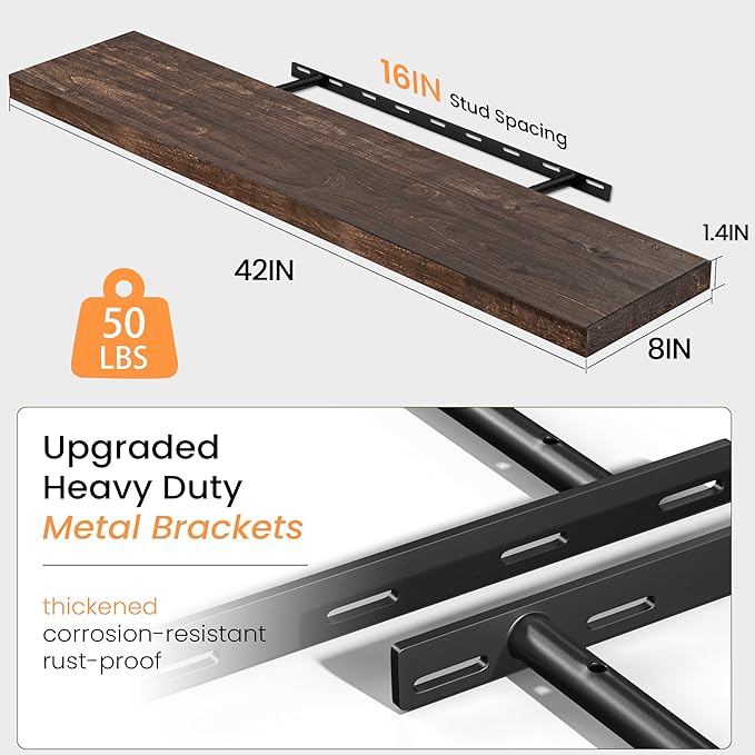 Fun Memories Solid Elm Wood Floating Shelves, 42 Inch Floating Shelves for Wall, Rustic Wooden Shelf Wall Mounted with Invisible Heavy-Duty Bracket for Books, Bathroom, Kitchen, Walnut Finish-Ruum Studio Home
