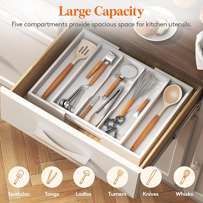 Lifewit Utensil Organizer for Kitchen Drawer, Expandable Cooking Utensil Tray, Bamboo Cutlery Silverware Flatware Holder, Adjustable Spatula Tools and Gadgets Storage Divider, Large, White-Ruum Studio Home