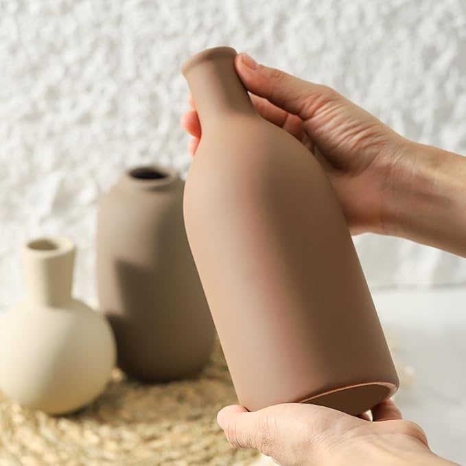 Ceramic Vases Set of 3, Modern Neutral Rustic Farmhouse Home Decor Pottery Pampas Decoration for Living Room, Table, Bathroom, Bedroom, Entryway - Brown-Ruum Studio Home
