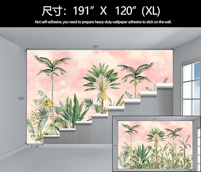 Watercolor Pink Tropical Botanical Leaf Wallpaper Mural for Nursery Girls Bedroom (Not Peel and Stick)-Ruum Studio Home