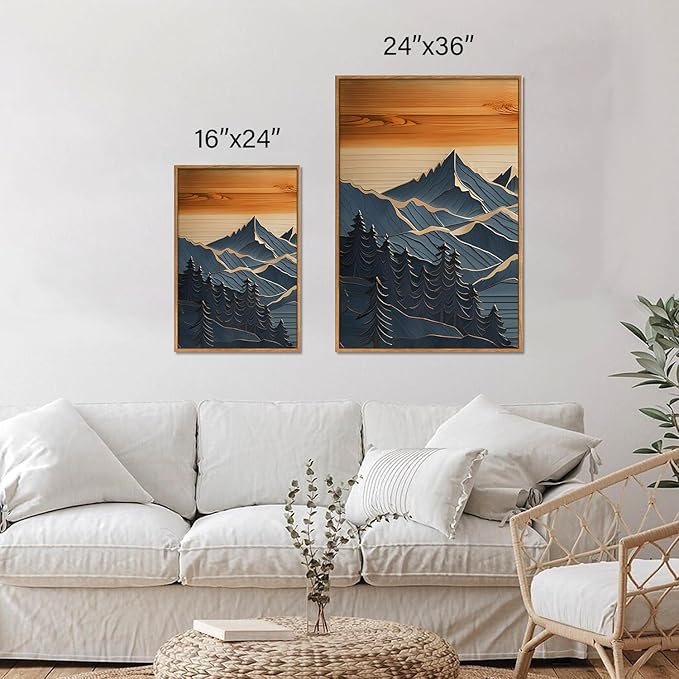 Tinonedraw Metal Mountain Framed Canvas Wall Art, Boho Mountains Artworks, Mid Century Modern Blue Ridge Wall Decor, Vintage Nature Forest Sunset Art Print for Living Room Bedroom Office 24"x36"x3-Ruum Studio Home