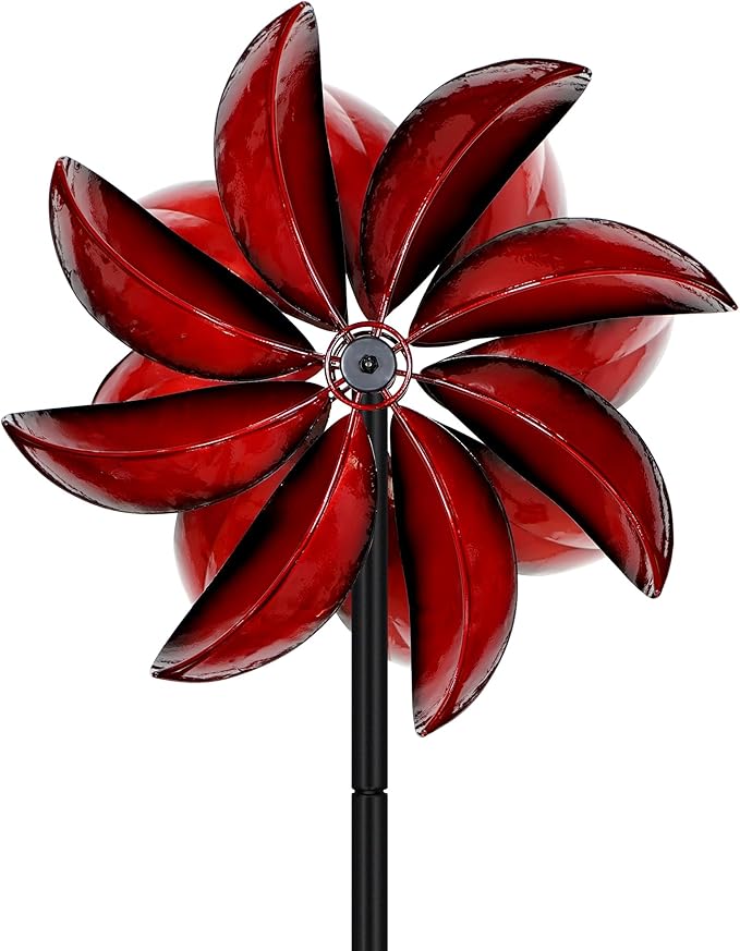 Wind Spinners Outdoor - Red Metal Windmill with Stake for Yard and Garden, Kinetic Wind Sculptures & Spinners, Gift Decor Ideas for Garden Lovers (12" W x 70" H)-Ruum Studio Home