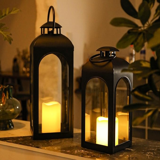 Bdor 16 Inches Metal and Stainless Steel Glass Decorative Lantern with Electronic Wax Effect - Indoor/Outdoor Decorative Lighting, Handcrafted Aesthetic, Perfect for Home, Parties, and Holiday Decor-Ruum Studio Home