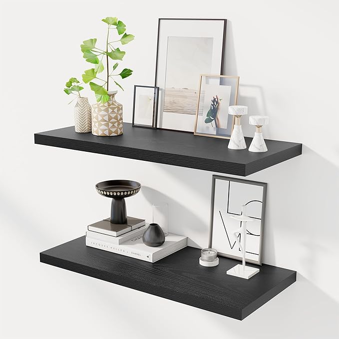 30" Floating Shelves for Wall, 12" Deep Slim Black Floating Shelves, Wall-Mounted Shelves for Bedroom, Living Room, Kitchen, Bathroom - Set of 2-Ruum Studio Home