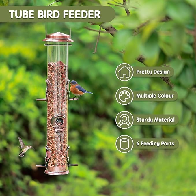 MIXXIDEA 2PK Metal Wild Bird Feeder Squirrel Proof for Outside Hanging - 6 Port Tube Transparent Finch Feeder With Steel Hanger (Antique Copper)-Ruum Studio Home