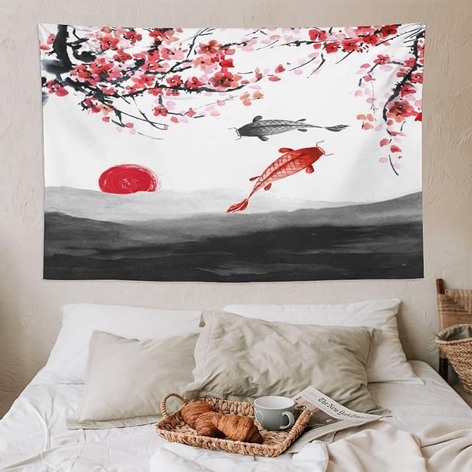 Houselerax Japanese Koi Fish Tapestries, Cherry Blossoms Asian Oriental Flower Branch Koi Fish Carp Tapestry Wall Hanging for Bedroom Living Room Office Decor 90"x60"-Ruum Studio Home