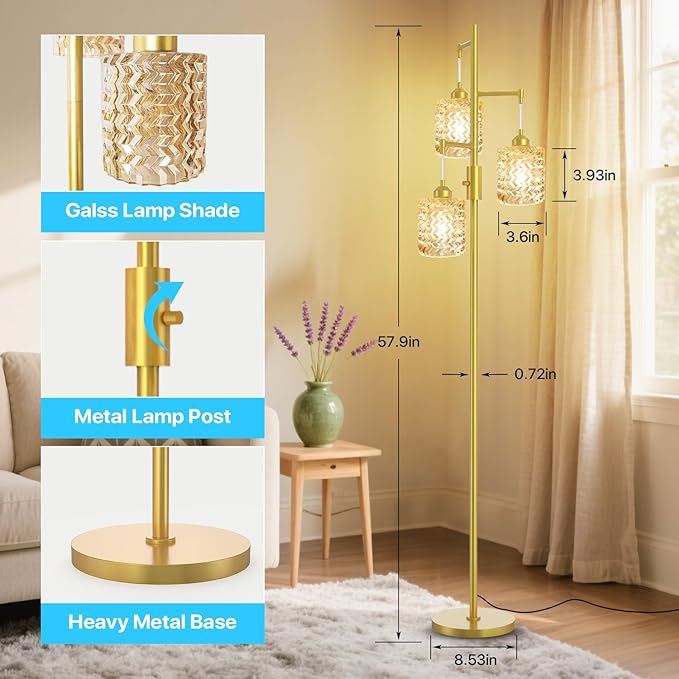 Gold Floor Lamp for Living Room Bedroom, 3-Light Vintage Standing Lamp Stained Glass, Mid Century Modern Tall Floor Lights, Amber Glass Shade with Golden Base-Ruum Studio Home