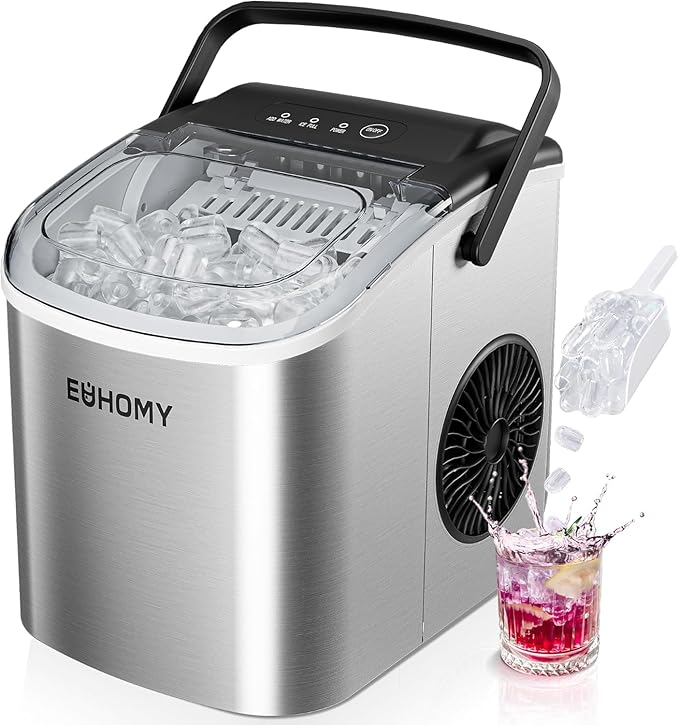 EUHOMY Countertop Ice Maker Machine with Handle, 26lbs Per Day, 9 Ice Cubes Ready in 6 Mins, Auto-Cleaning Portable Ice Maker with Basket and Scoop, for Home/Kitchen/Camping/RV (Silver)-Ruum Studio Home