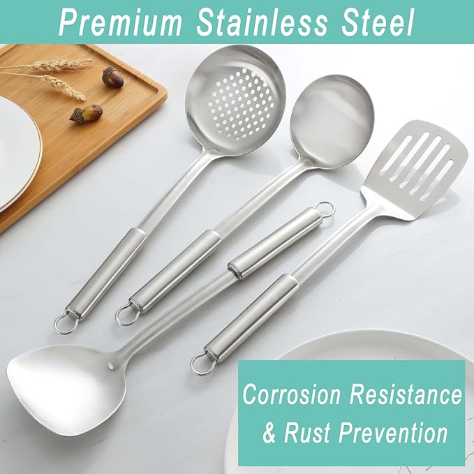 Pleafind 4-Pcs Cooking Utensils Set, Stainless Steel Kitchen Utensils, Wok Utensils Set Include Wok Ladle, Slotted Spoon, Wok Spatula and Slotted Spatula, Dishwasher Safe-Ruum Studio Home