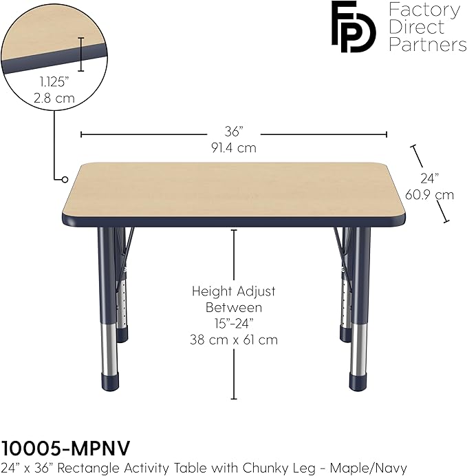Factory Direct Partners FDP Rectangle Activity School and Classroom Kids Table (24 x 36 inch), Chunky Toddler Leg, Adjustable Height 15-24 inches - Maple Top and Navy Edge-Ruum Studio Home