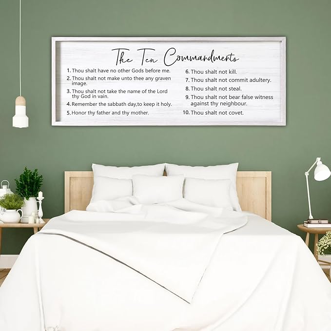 The Ten Commandments Rustic Bible Verse Framed Wall Art, 40''×15'' Positive Religious Christian Saying Sign for God Jesus Christ Prayer, Vintage Horizontal Holy Inspirational Catholic Scripture Decor-Ruum Studio Home