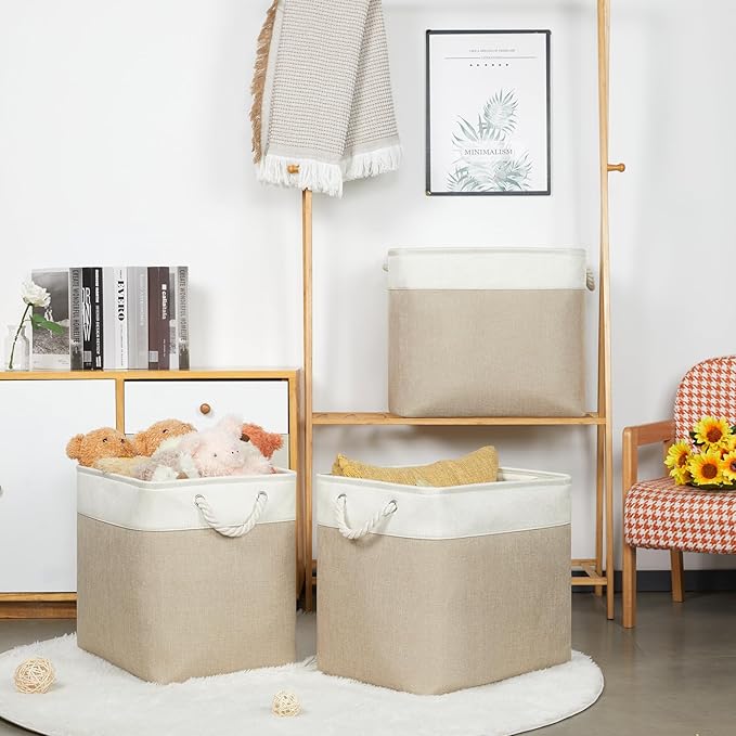 Bidtakay Extra Large Storage Baskets for Organizing 17x12x15.1 inch 3-Pack Fabric Closet Organizers Storage Bins with Handles Foldable Storage Baskets for Shelves Clothes XL-White&Beige-Ruum Studio Home