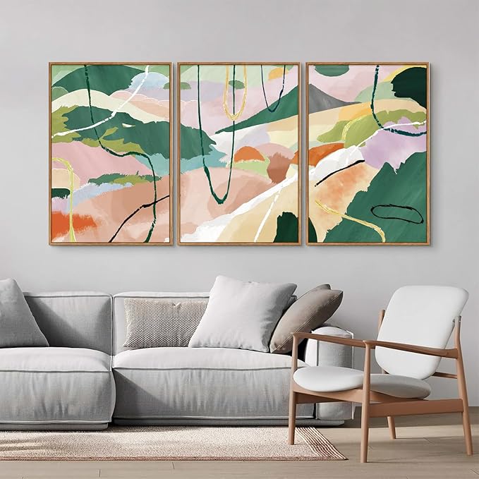 Tinonedraw Colorful Abstract Framed Canvas Wall Art Set, 3 Panel Green Pink Girly Oils Inks Artwork, Three Pieces Neutral Modern Minimalist Wall Decor for Living Room Bedroom Office 24"x36"x3-Ruum Studio Home