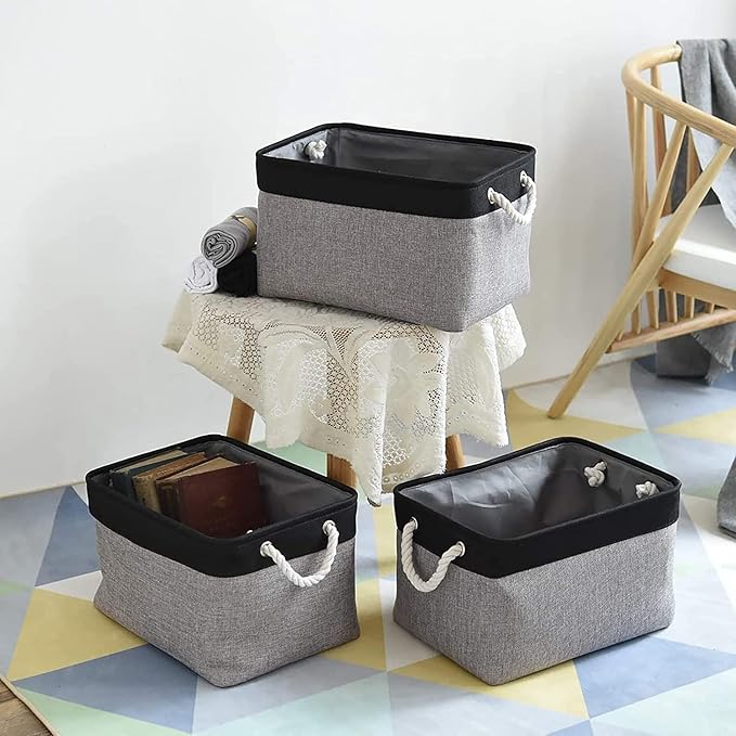 TheWarmHome Collapsible Storage Bin for Shelves - 16x12x8 inch Large 3 Pack Storage Basket for Organizing with Rope, Fabric Storage Cubes for Organizer Toy Cloth Gift Closet (Black & Grey)-Ruum Studio Home