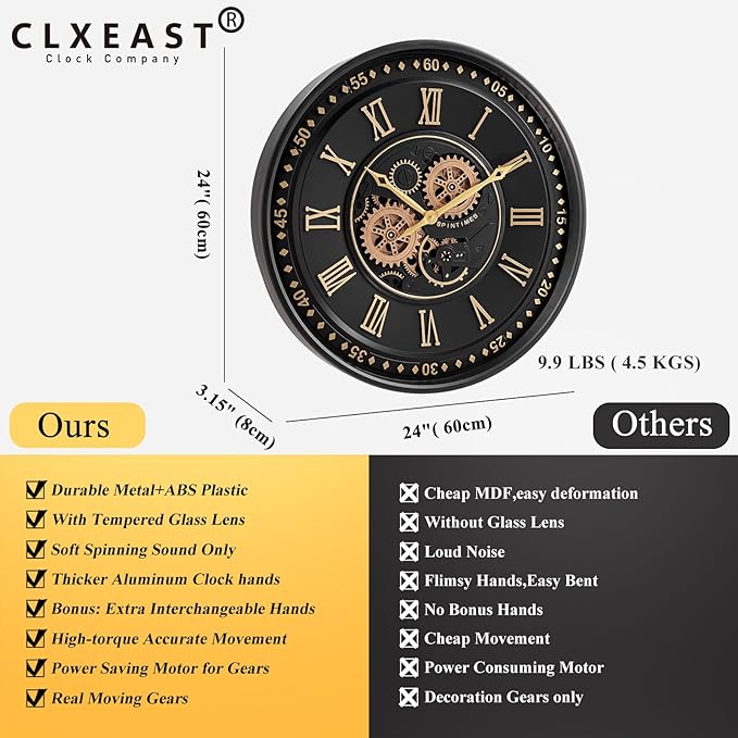 CLXEAST 24 Inch Wall Clock with Moving Gears, Black Gold Roman Numeral Wall Clocks for Modern Farmhouse Living Room Decor,House Warming Gifts New Home-Ruum Studio Home