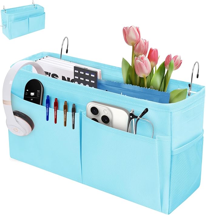 Bedside Caddy Organizer with Fixed Straps, Bunk Bed Caddy ideal for Home, Bunk Bed, Dorm, Hospital, Crib, Versatile Bedside Storage Solution (Blue)-Ruum Studio Home