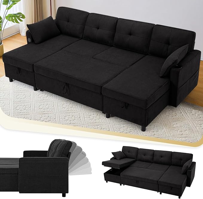110 Inches Chenille Sectional Sofa w/Pull Out Sofa Bed & Adjustable Back, Tufted U Shaped Couch w/Two Storage Chaises, Sleeper Sectional Sofa w/USB Port & Cup Holders for Living Room, Black-Ruum Studio Home