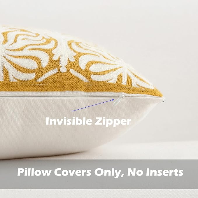 HWY 50 Mustard Yellow Decorative Lumbar Pillow Cover Rectangle 12x20 Inch (1 Piece), Embroidered Cotton Farmhouse Cushion Cover Pillow Case for Sofa Couch Living Room Bed, Minimalist Floral-Ruum Studio Home