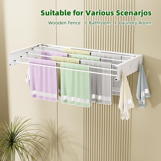 Wall Mounted Drying Rack for Laundry 40'', Folding Drying Rack Clothing Wall Mount with 5 Rods and 6 Hooks, Space Saving for Indoor Outdoor Bathroom Balcony (White, 40'')-Ruum Studio Home