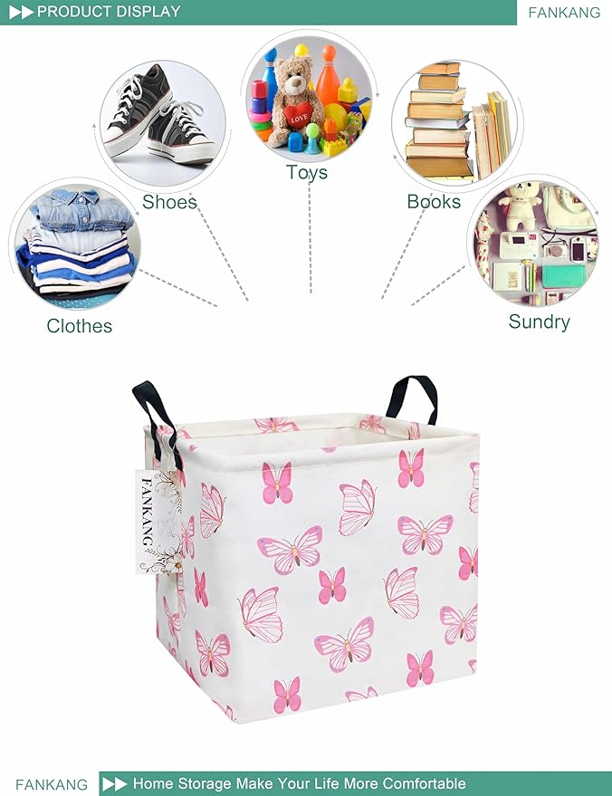 FANKANG Square Nursery Hamper Storage Bins Canvas Laundry Basket Foldable with Waterproof PE Coating Storage Baskets Gift Baskets for Children, Office, Bedroom, Clothes（Square-pink butterfly ）-Ruum Studio Home
