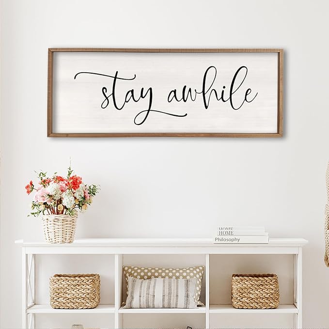 Stay Awhile Sign Wall Decor 32"X12" Large Living Room Entryway Wood Framed Rustic Wall Decor for Vintage Farmhouse Foyer Hanging Lets Stay Home Wall Art (Wood)-Ruum Studio Home