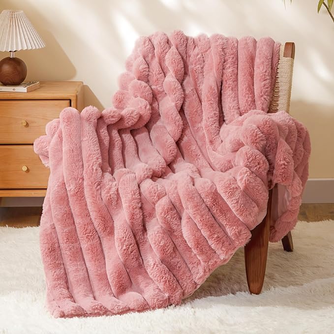 BEDELITE Faux Fur Throw Blanket for Couch, Soft and Cozy Luxurious 3D Striped Fluffy Blanket, 770GSM Thick Warm Plush Fuzzy Faux Rabbit Fur Blanket for Women Gift (Pink, 60"x 80")-Ruum Studio Home
