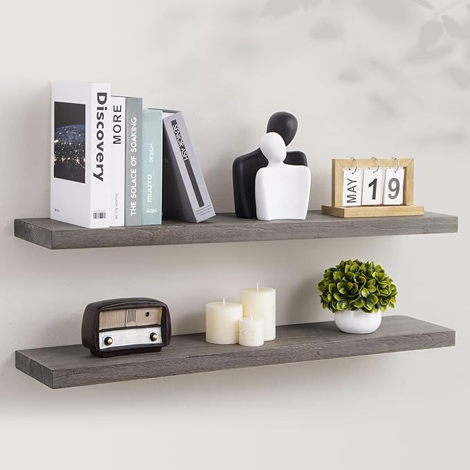 Axeman Floating Shelves for Wall, 8 Inch Deep Rustic Solid Elm Wood Wall Shelves for Storage, Wall Mounted Display Shelving with Invisible Heavy-Duty Metal Bracket, 36'' Width Set of 2, Grey-Ruum Studio Home