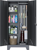 61" Broom Closet Storage Cabinet, Metal Storage Cabinet with Doors, Utility Cabinets for Brooms and Mops, Cleaning Tool Cabinets for Garage, Laundry Room, Bathroom-Ruum Studio Home