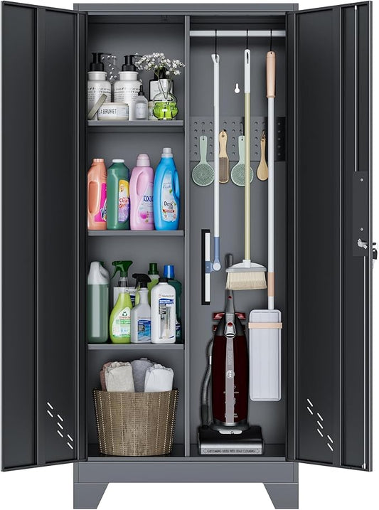 61" Broom Closet Storage Cabinet, Metal Storage Cabinet with Doors, Utility Cabinets for Brooms and Mops, Cleaning Tool Cabinets for Garage, Laundry Room, Bathroom-Ruum Studio Home