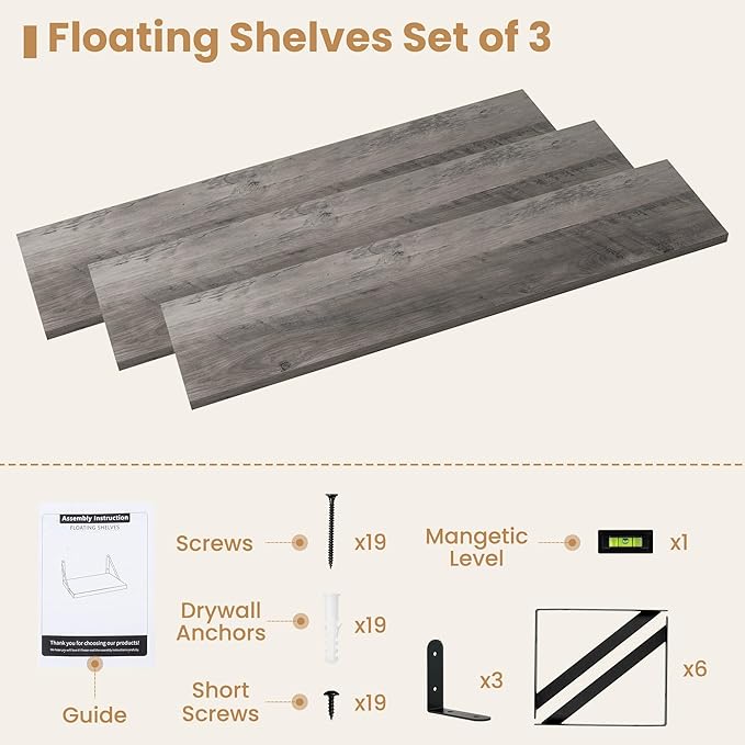 Heimlove 36 Inch Floating Bookshelves Set of 3,Wall Bookshelf Heavy Duty Wall Mounted Bookshelves for Living Room,Bedroom,Kitchen,Laundry Room Storage & Decor,Silver Grey-Ruum Studio Home