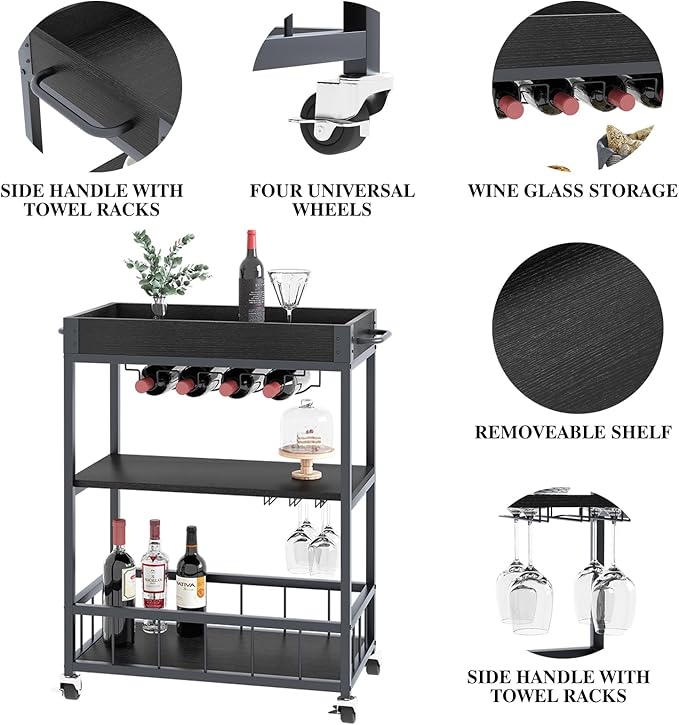 Bar Cart Serving Wine 3 Tier Home Rolling Rack with Wheels Mobile Kitchen Industrial Vintage Style Wood Metal Serving Trolley Serving Cart, Drink Cart for Living Room Kitchen-Ruum Studio Home