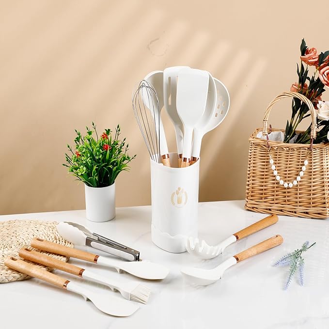 13-Piece silicone utensil set wood handle nonstick cookware safe dishwasher safe kitchen tools BPA free heat resistant (450°F/230°C) ceramic pan safe cooking gifts housewarming (White)-Ruum Studio Home