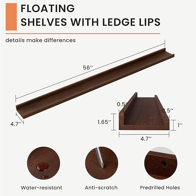 Solid Ash Wood Picture Ledge Shelf, Floating Shelves Set of 2, 56 Inch Long Large Ledge Shelves, Nursery Book Shelves Wall Mounted for Living Room Bedroom Kitchen Decor Kids Bookshelf, Walnut-Ruum Studio Home