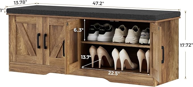 2-Tier Storage Bench, Shoe Bench with Padded Seat Cushion, Entryway Bench with 4 Barn Doors, Adjustable Shelf, 13.8" D x 47.2" W x 17.7" H, for Entryway, Living Room, Bedroom, Rustic Walnut-Ruum Studio Home