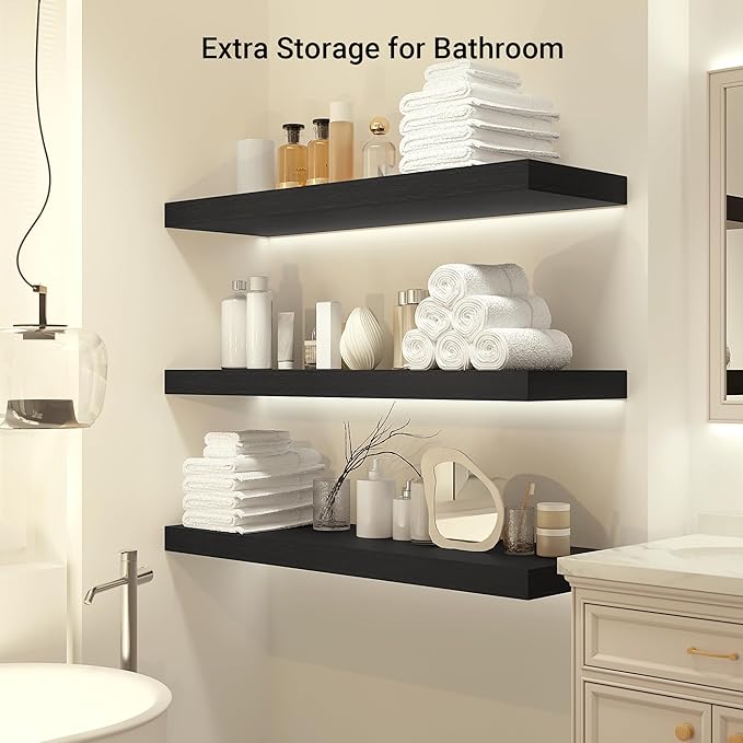 Heimlove 24 x 12 Inch Deep Floating Shelves Wall Mounted with Invisible Brackets,Storage Hanging Shelf for Wall Decor in Bathroom, Bedroom, Toilet, Kitchen, Living Room, Office Set of 1 (Black)-Ruum Studio Home