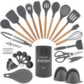 Country Kitchen Non Stick Silicone Utensil Set with Rounded Wood Handles for Cooking and Baking, 38 Piece Set, Gray-Ruum Studio Home