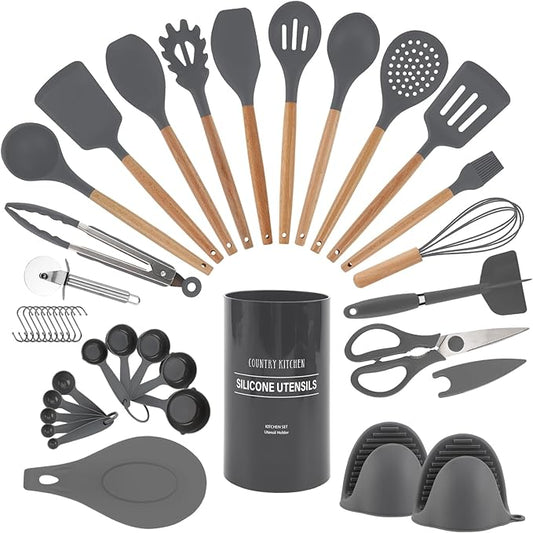 Country Kitchen Non Stick Silicone Utensil Set with Rounded Wood Handles for Cooking and Baking, 38 Piece Set, Gray-Ruum Studio Home